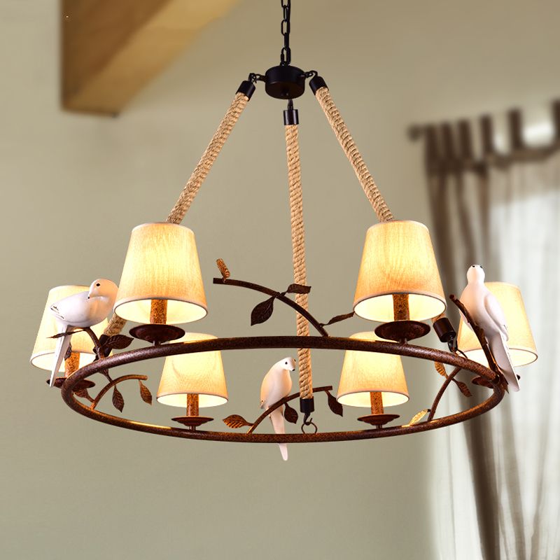 Beige 6 Lights Chandelier Light Fixture Traditional Fabric Wagon Wheel Pendant Lamp with Cone Shade