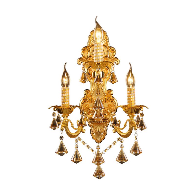 Gold Candelabra Wall Mount Light Traditional Metal 3 Heads Bedroom Sconce Light with Diamond Shape Crystal Decoration
