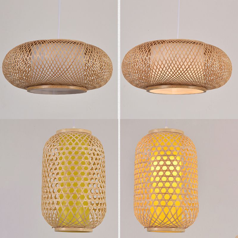 Asia Lantern Pendant Lighting Bamboo 1 Bulb Restaurant Hanging Light in Wood