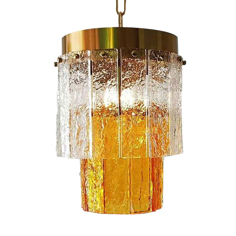 2-Tiered Dining Room Hanging Light Fixture Yellow Textured Glass 1 Head Minimal Style Pendant Lamp