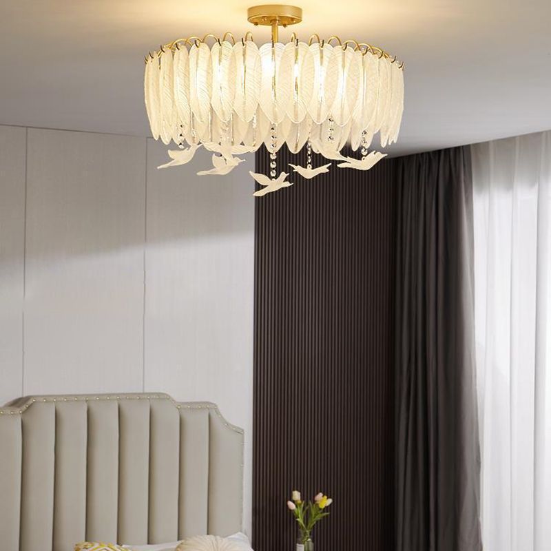 Modern Glass Ceiling Lamp Feather-shaped Flush Mount Light Fixture for Bedroom