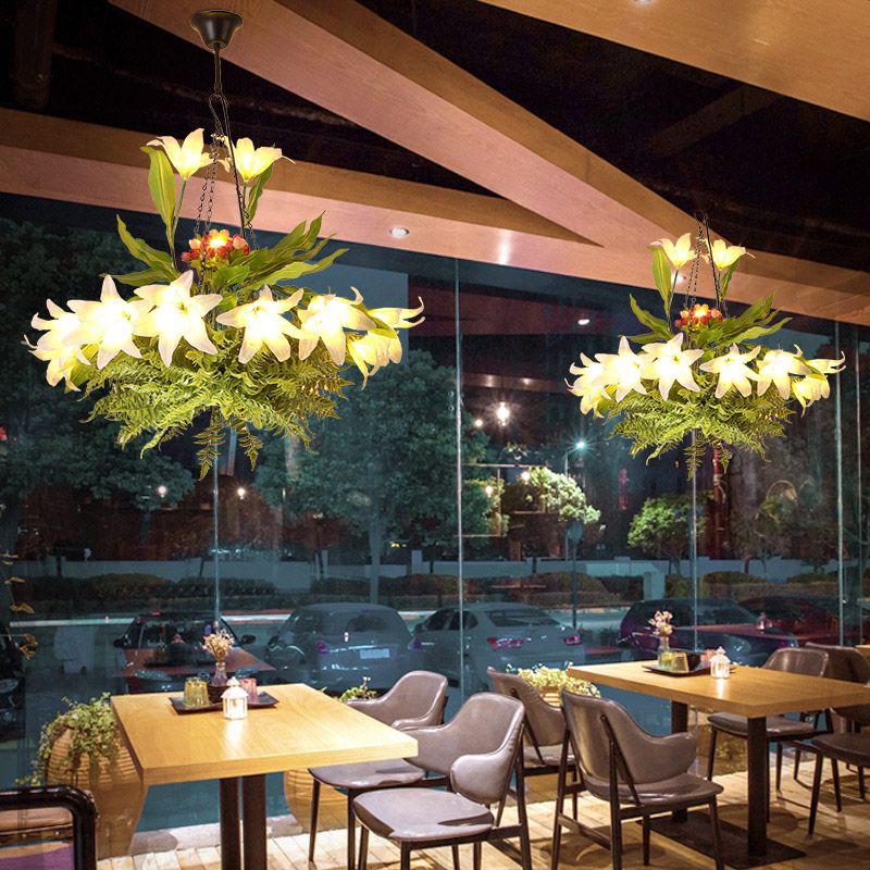 Round Restaurant Hanging Light Kit Industrial 10 Heads Turquoise Chandelier Light Fixture with Flower Deco