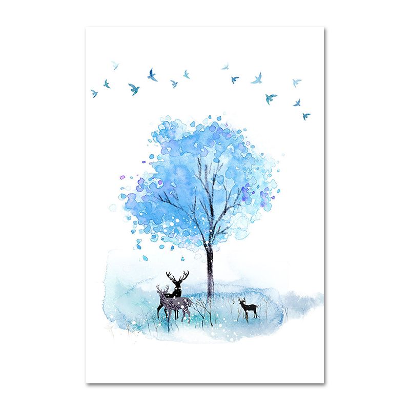 Deer and Tree Watercolor Canvas Print Textured Kids Style Bedroom Wall Art
