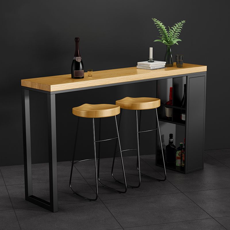 Natural Solid Wood Pub Table Pedestal Rectangle Bar Height Table with Shelves