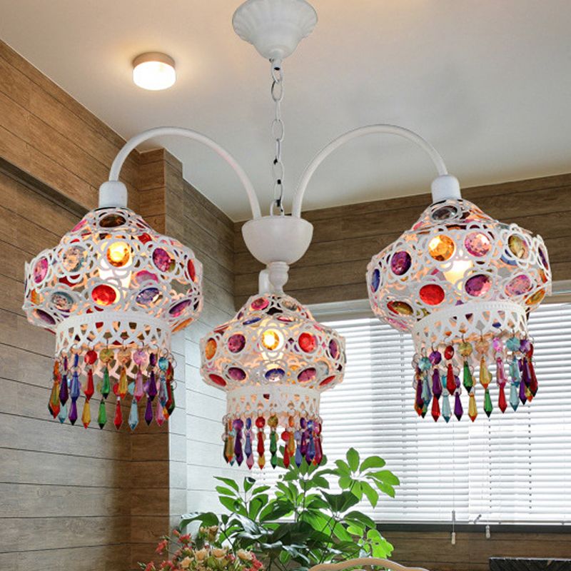 3-Head Beaded Lantern Chandelier Turkish White/Red Acrylic Hollowed-out Hanging Ceiling Light for Dining Room