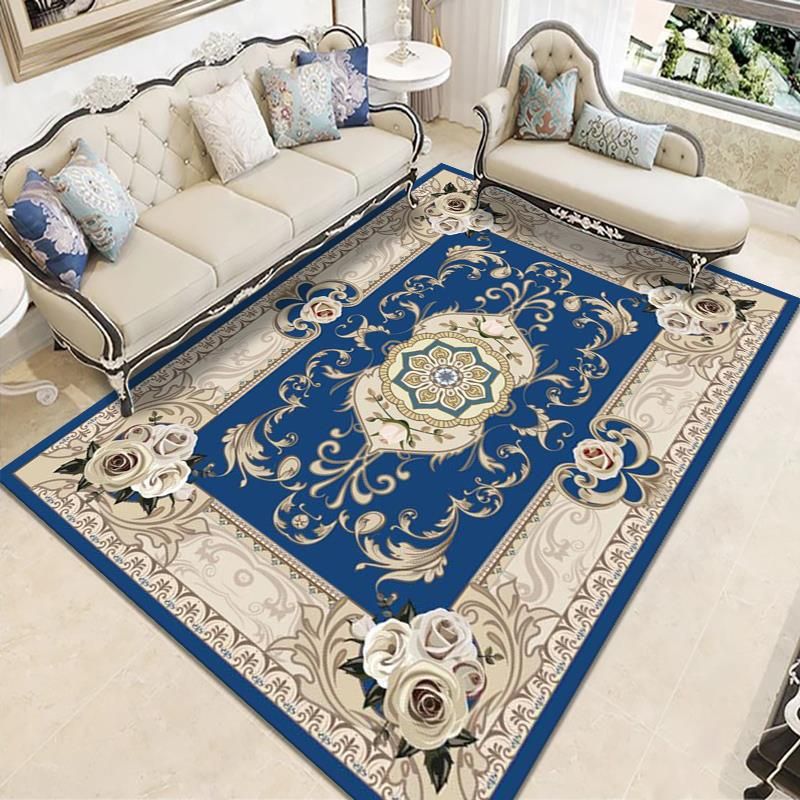 Wine Red Vintage Carpet Polyester Flower Carpet Washable Carpet for Living Room