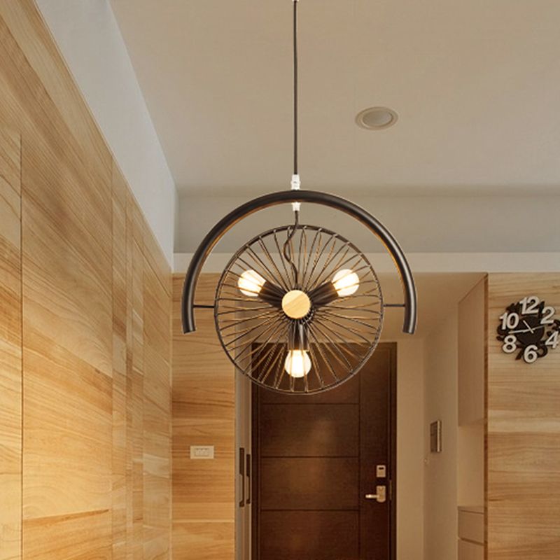 3 Lights Caged Chandelier Lighting Industrial Black Metal Pendant Lamp for Dining Room