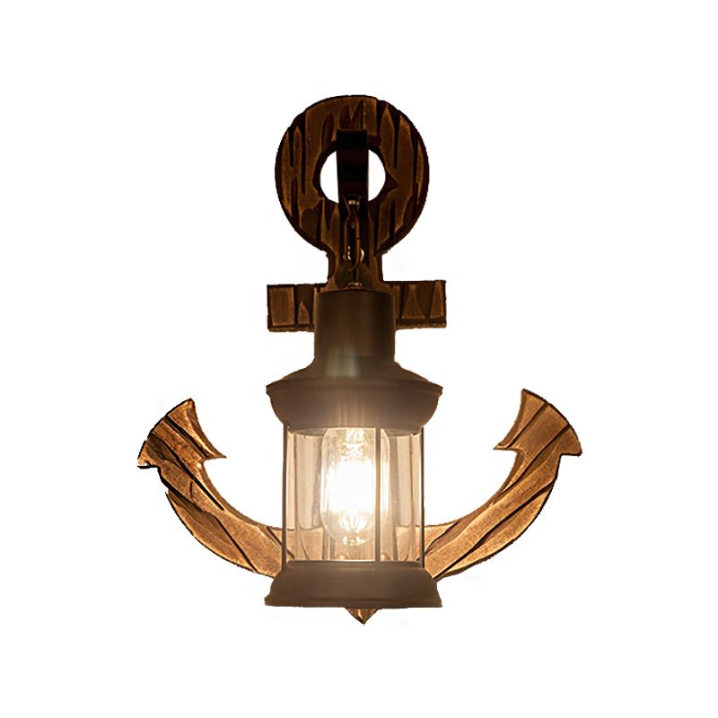 One Bulb Clear Glass Wall Lighting Coastal Black Kerosene Indoor Sconce Light Fixture with Wooden Backplate