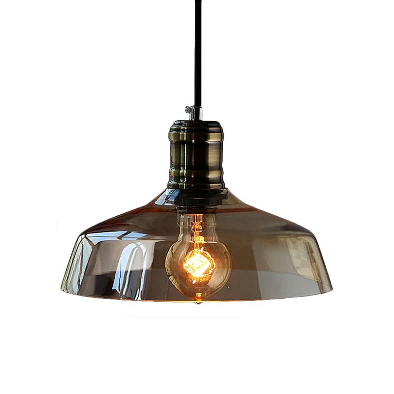 Single Light Hanging Ceiling Light with Barn Shade Clear/Brown Glass Industrial Dining Room Pendant Lighting