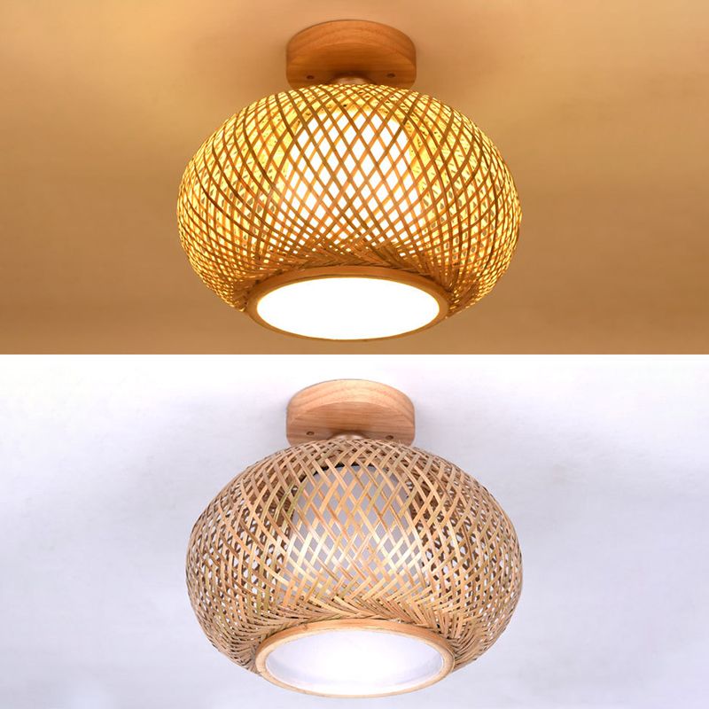 Asian Style Handmade Bamboo Weaving Ceiling Light 1 Head Wooden Ceiling Lamp for Restaurant