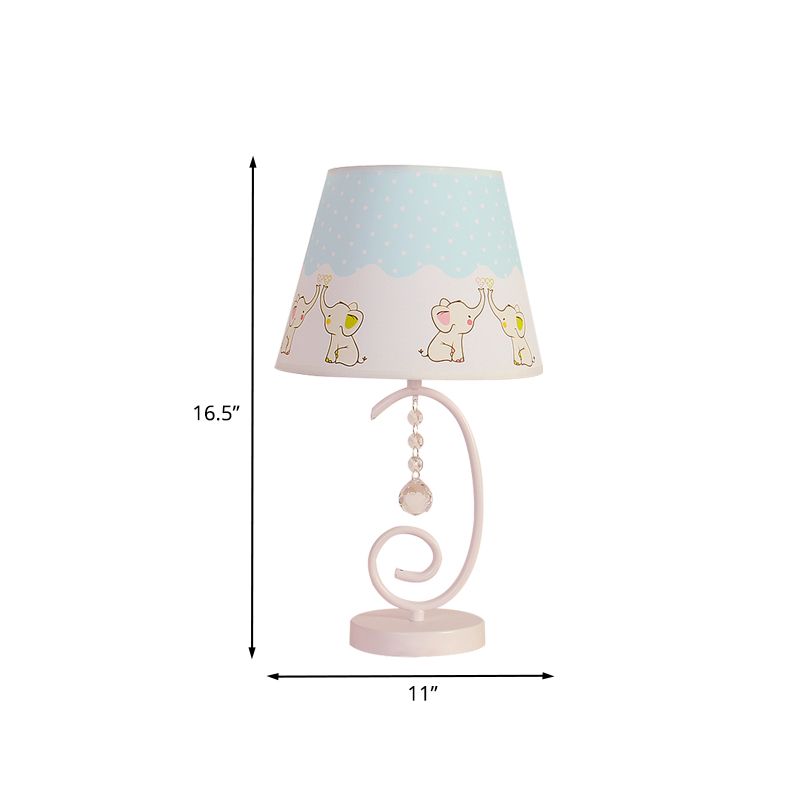 Barrel Bedroom Table Light Fabric 1 Bulb Cartoon Night Lamp in White with Crystal Drop and Sheep/Loving Heart/Elephant Pattern