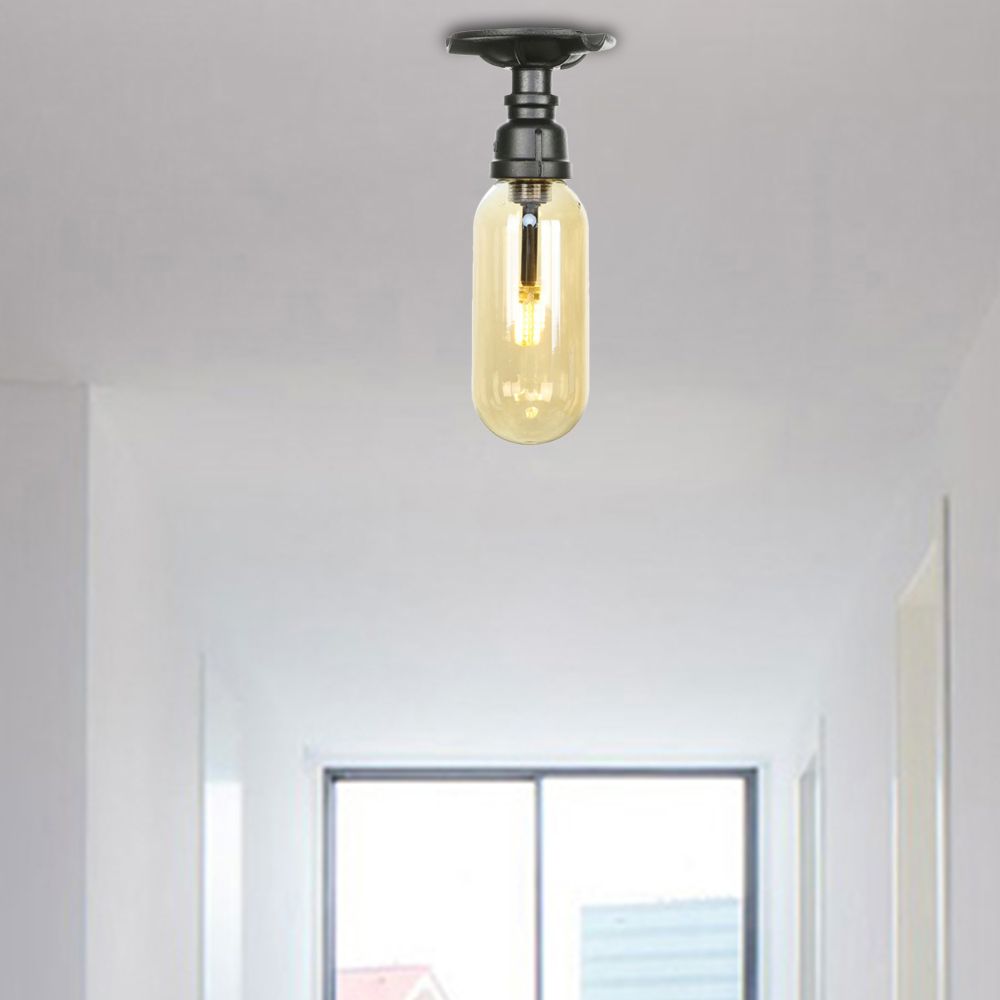 1 Light Capsuled Shade Semi Flush Light Industrial Black Amber Glass Ceiling Mount with Pipe Design