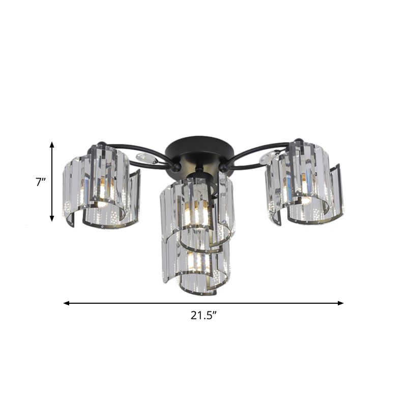 Curved Panel Semi Flush Mount Modern Crystal Rectangle 4/6 Heads Dining Room Ceiling Lighting in Black