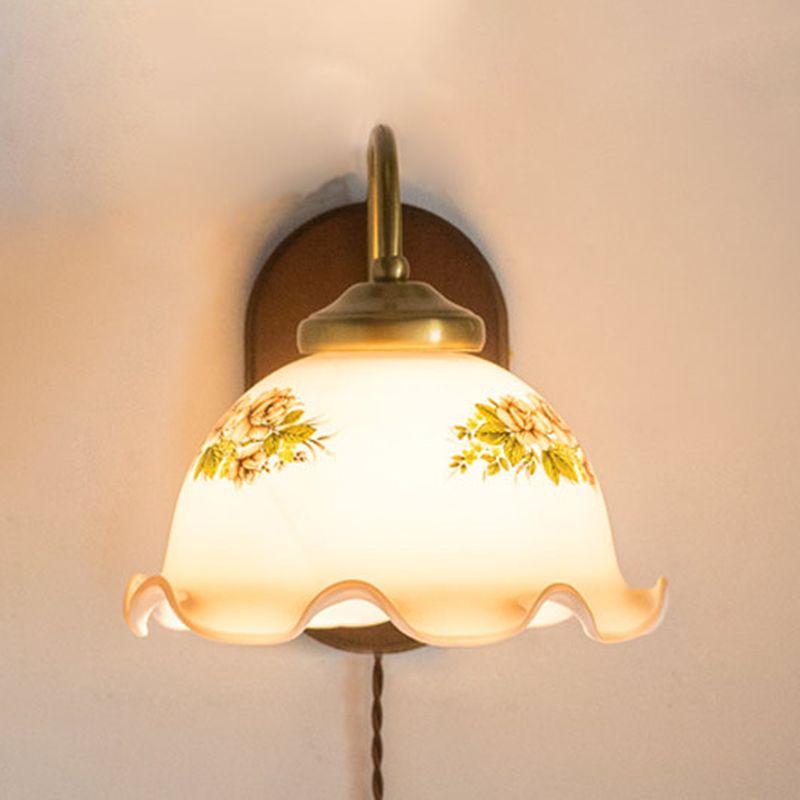 Modern Wood Wall Sconce Flower Shape Vanity Lamp with Glass Shade for Bathroom