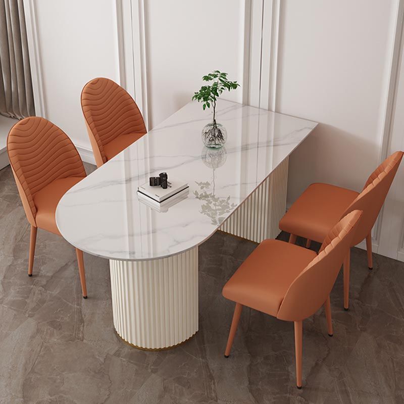 Metal Contemporary White Dining Table Marble Top Table with Double Pedestal