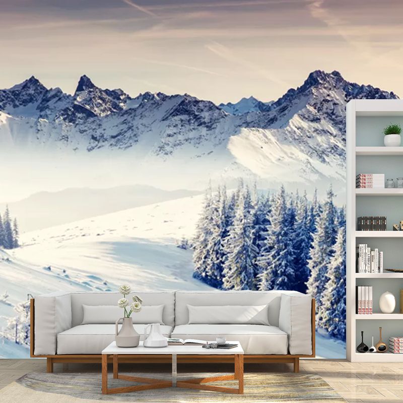 Grey-White Modern Wall Murals Full Size Snowy Pine Trees and Mountain Wall Art for Home