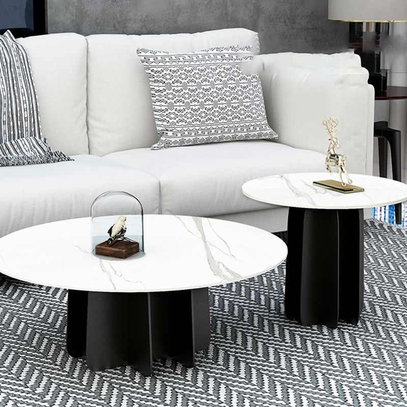Modern Style White Slate & Grey Glass Top Iron Craft Round Coffee Table