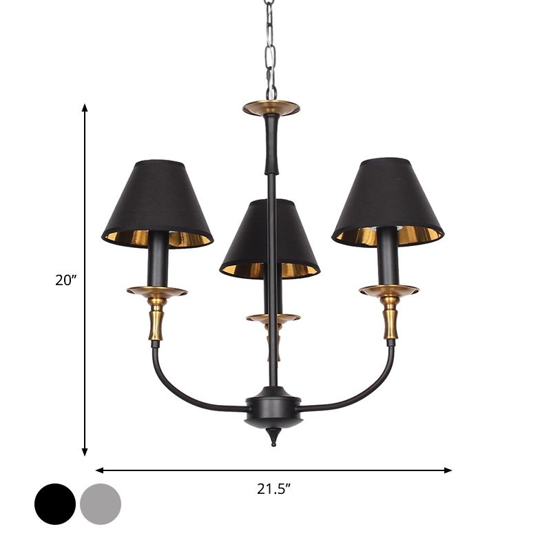 Traditional Cone Shape Chandelier 3/4/6-Head Fabric Hanging Pendant in Black/Chrome with Swooping Arm