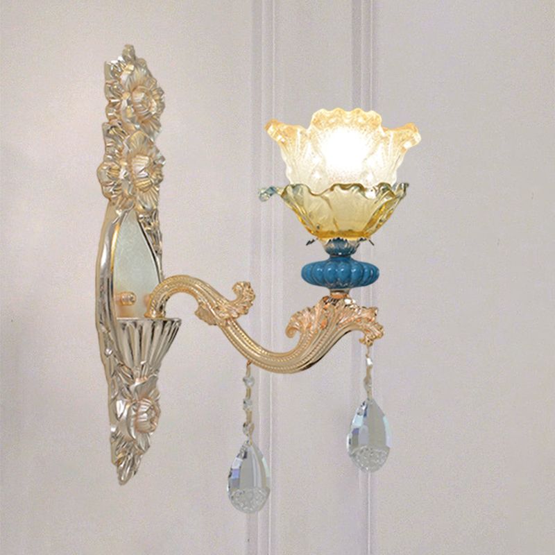 1/2-Bulb Floral Wall Lamp Fixture Traditional Gold Finish Crystal Wall Mounted Lighting