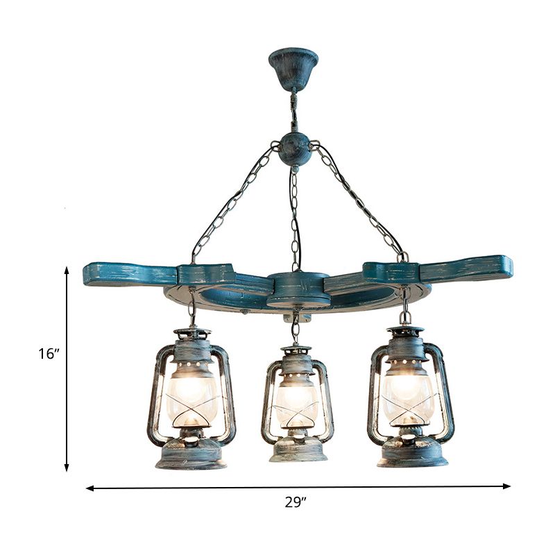 3 Lights Living Room Chandelier Light Industrial Blue Pendant with Kerosene Clear Glass Shade