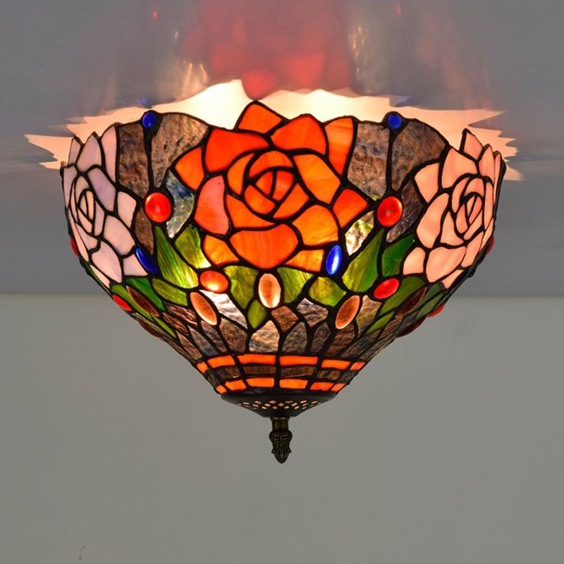 Brass Blossom Lighting Fixture Tiffany 2 Bulbs Multicolored Stained Glass Flush Mount Ceiling Light