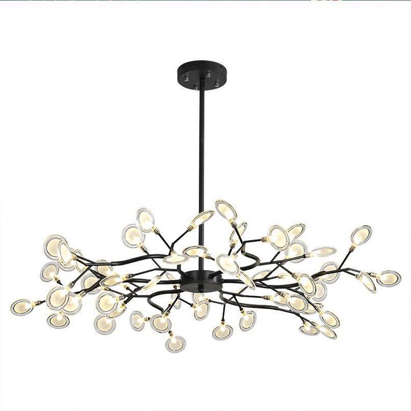 54-Light Unique Golden Linear Branch Firefly Chandelier for Dining Room, Adjustable Height