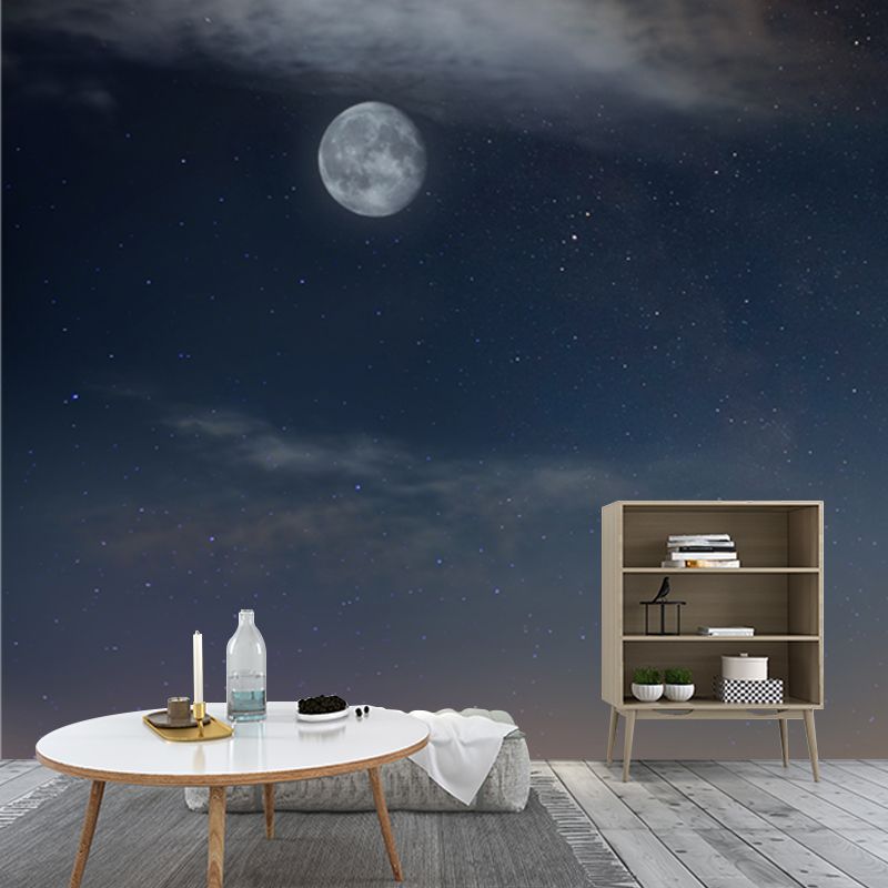 Night Moon and Stars Mural Modernist Non-Woven Cloth Wall Decor in Yellow and Blue