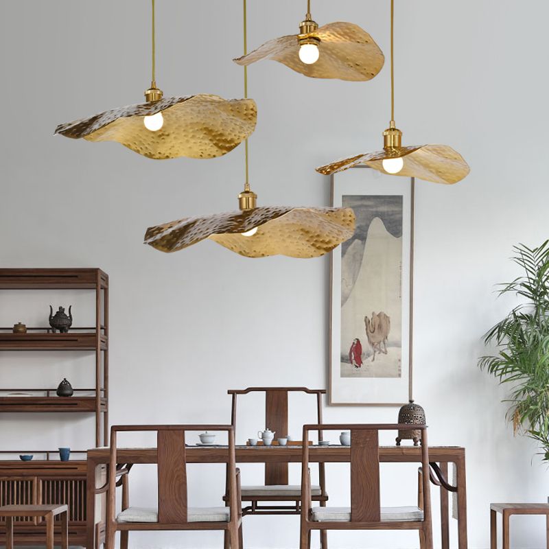 Golden Bronze 1 Light Lotus Leaf Shaped Ceiling Pendant Mid-Century Metal Hanging Lamp for Restaurant