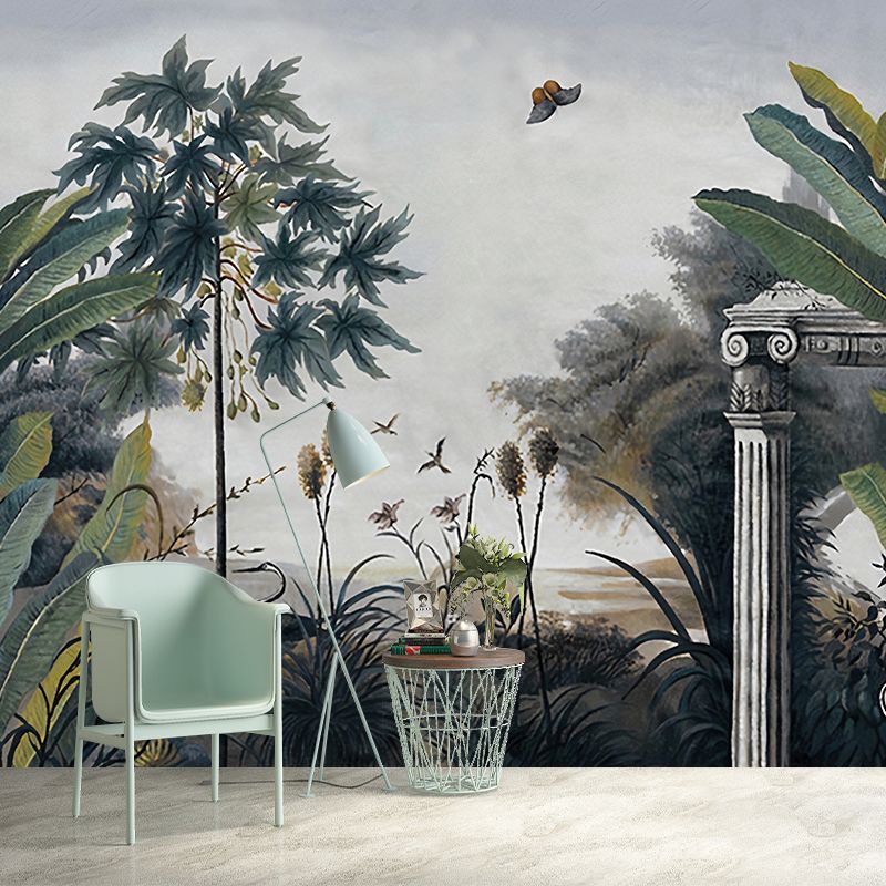 Whole Illustration Tropical Murals with Lakeside Scenery Pattern, Blackish Green