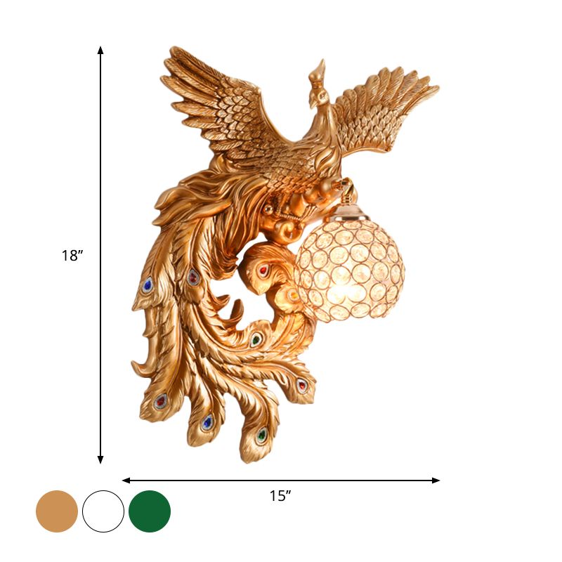 1 Bulb Flying Peacock Wall Mount Light Countryside White/Green/Gold Resin Wall Lighting Idea with Beveled K9 Crystal Shade, Left/Right