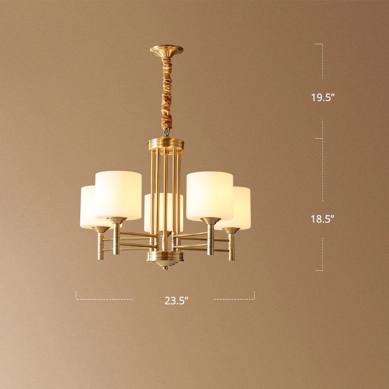 Luz de colgante cilíndrico de latón Lámpara de lámpara de estar de vidrio blanco tradicional