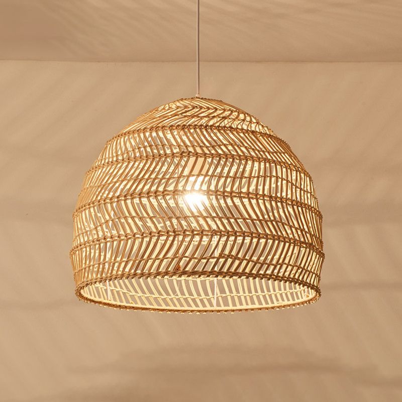 Basket Pendant Lighting Fixture Asian Rattan Beige Hanging Light Fixture for Restaurant