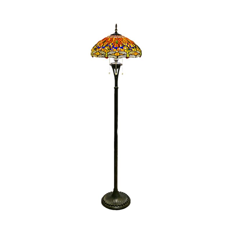 Lampada da pavimento di lettura di libellula in vetro colorato barocco a 3 teste gialla/blu/verde catena di tiro in piedi con ombra a cupola