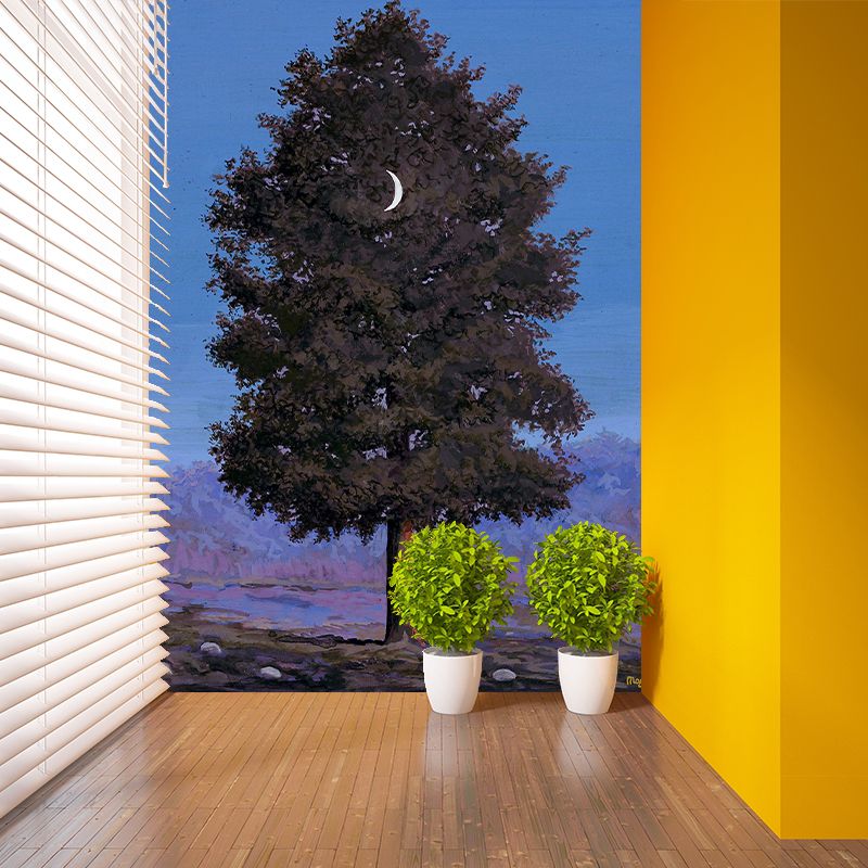 Grey-Blue Surrealistic Mural Wallpaper Large Waxing Moon Hang in Tree Painting Wall Decor for Home