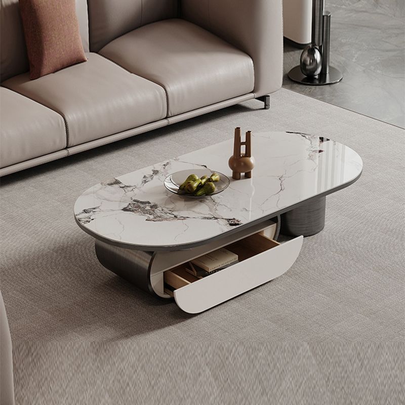 16"H Glam Cocktail Table Storage Oval Stone Coffee Cocktail Table