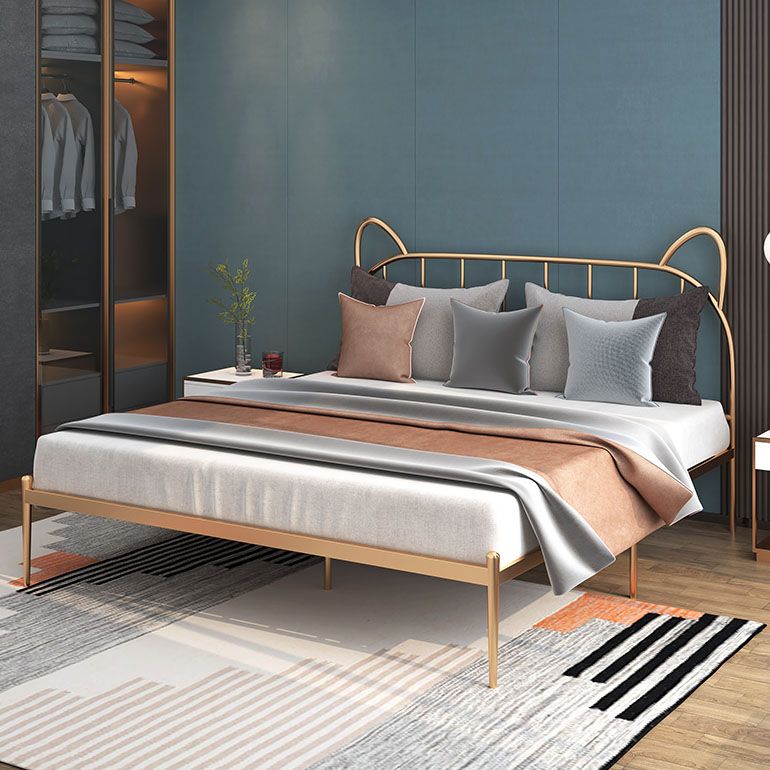 Metal Bed with Headboard High Profile Open-Frame Bed in Gold Finish