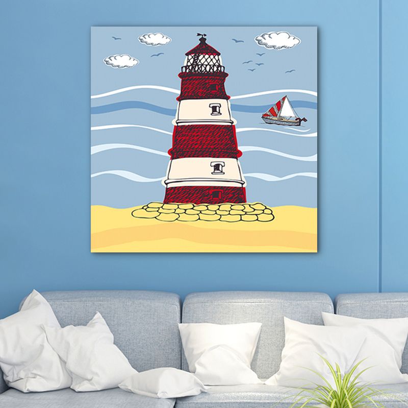 Blue Riverside Lighthouse Wall Art Architecture Kids Textured Canvas for Play Room