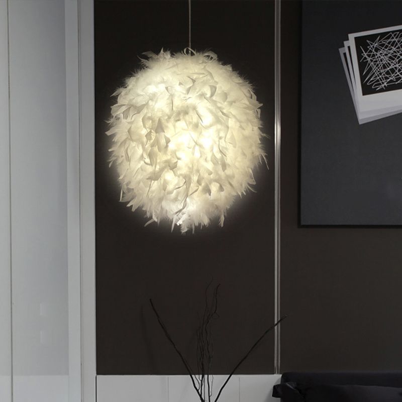 1-Light Dining Room Pendant Lighting Simplicity White Hanging Light with Ellipse Feather Shade