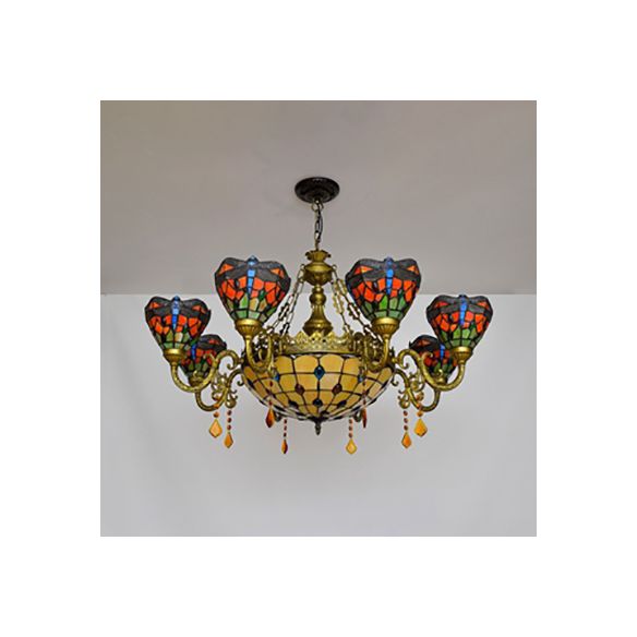 Stained Glass Bowl-Shaped Hanging Light Rustic 9 Lights Chandelier with Crystal in Multicolor for Bedroom