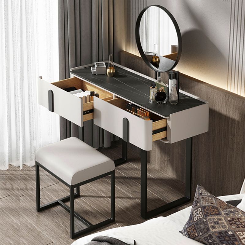 Contemporary Stone Top Vanity Desk 2-Drawer Dressing Table with Stool