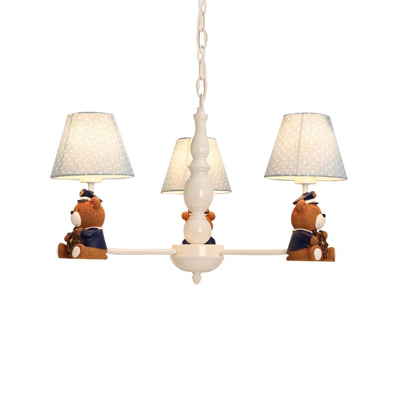 Resin Bear Ceiling Lighting Cartoon White Chandelier Light Fixture with Patterned Fabric Shade