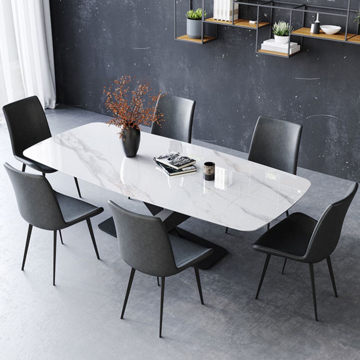 Modern Style Sintered Stone Dining Table with White Table and Black Trestle Base for Home Use