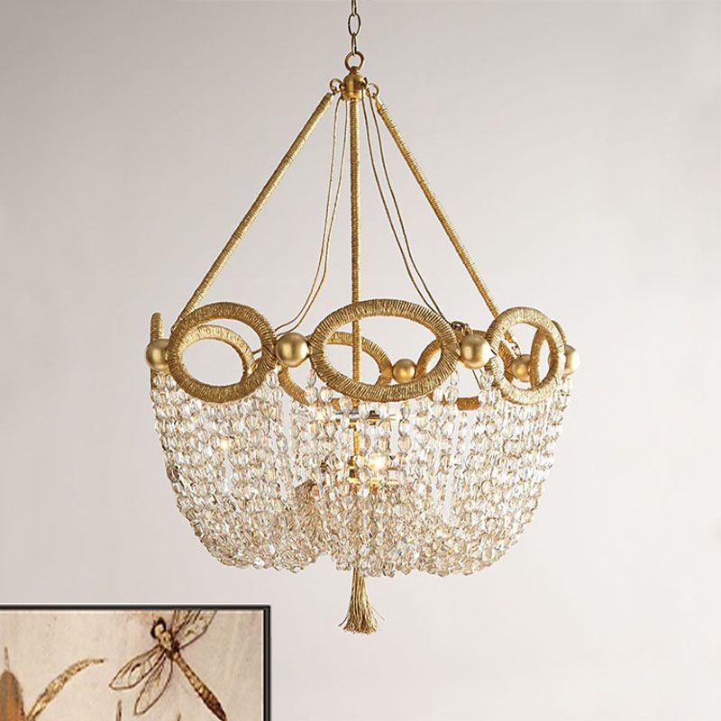 Simple Basket Chandelier Light Fixture 4 Lights Crystal Pendant Lighting in Gold for Living Room