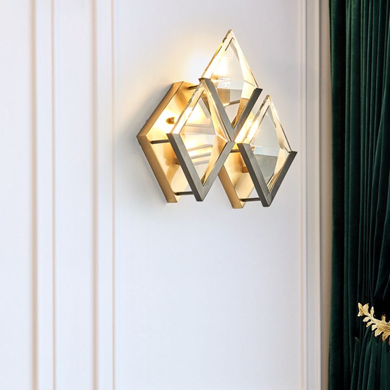 Rhombus Shaped Wall Lighting Modern Style Clear Crystal and Metal 3 Lights Golden Wall Sconce Light