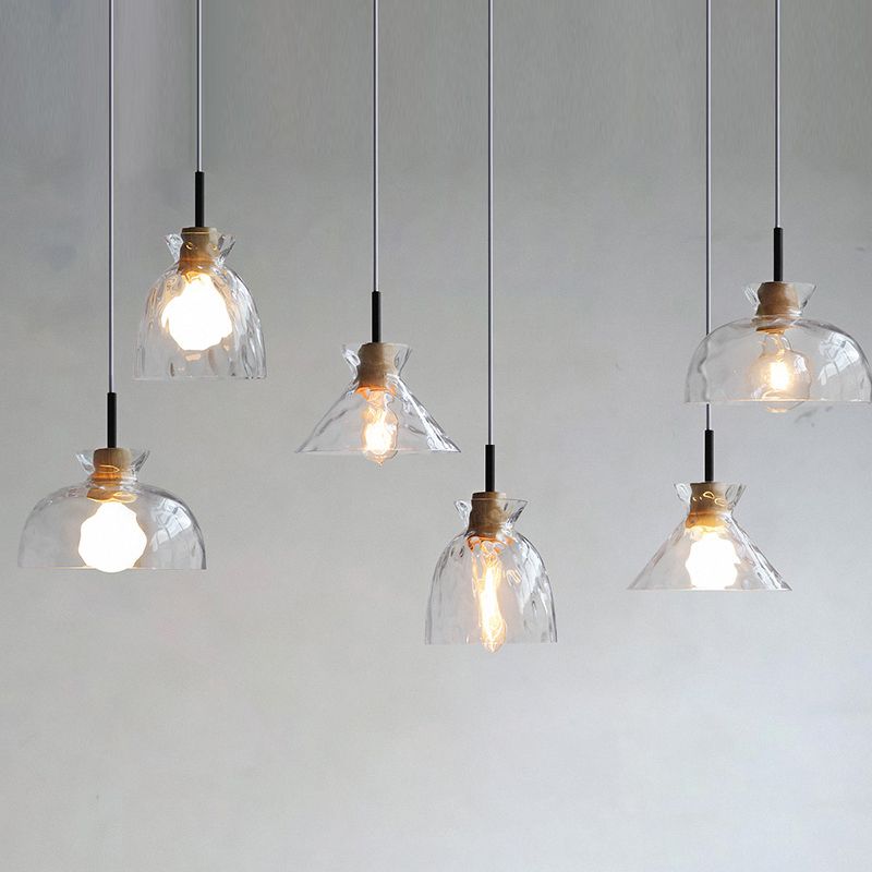 Clear Rippled Glass Shaded Pendant Nordic 1 Head Wood Suspension Light for Dining Room