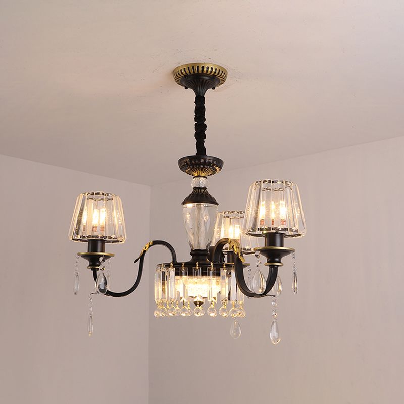 Kegelkristallblock Kronleuchter Licht Modernismus 3/6-Kopf-Schwarz-Down-Beleuchtungsanhänger mit Tröpfchen