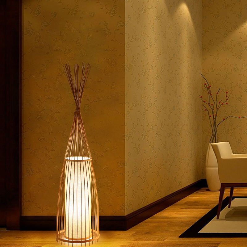 Lumo da pavimento a forma di pesce nero/beige Asia Asia Bamboo Stand Up Lampada per soggiorno, 12 "/15" W