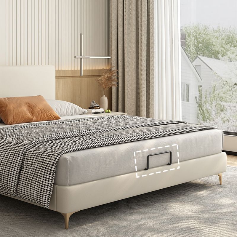 Wood and Upholstered Standard Bed with Headboard Panel Bed in Beige