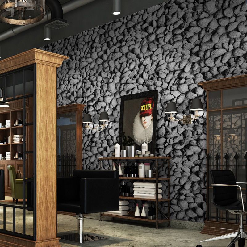 Natural Color Cobble Stone Wallpaper Roll Stain-Resistant Wall Decor for Barber Shop, Non-Pasted
