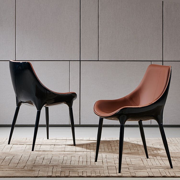 Glam Curved Dining Chair Faux Leather Dining Chairs with Black Legs